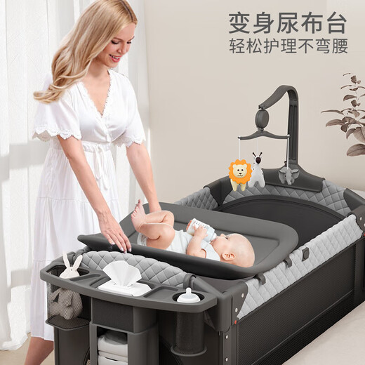 优乐博（ULOP）德国婴儿床可折叠拼接大床带尿布台宝宝多功能移动新生儿bb哄睡床 免安装升降栏+尿布台+蚊帐+床铃