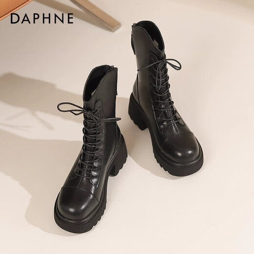 Daphne (DAPHNE) official thick-soled Martin boots for women 2024 new autumn black short boots for women British style small boots for women versatile black [main picture thick-soled V-mouth-6.5cm] 36