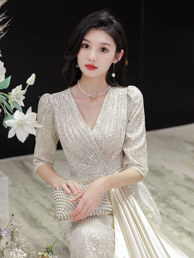 ZHIDOUDOU主持人礼服女 大气高端晚裙宴会气质轻奢感高贵名媛晚会连衣 香槟色长款 均码 s