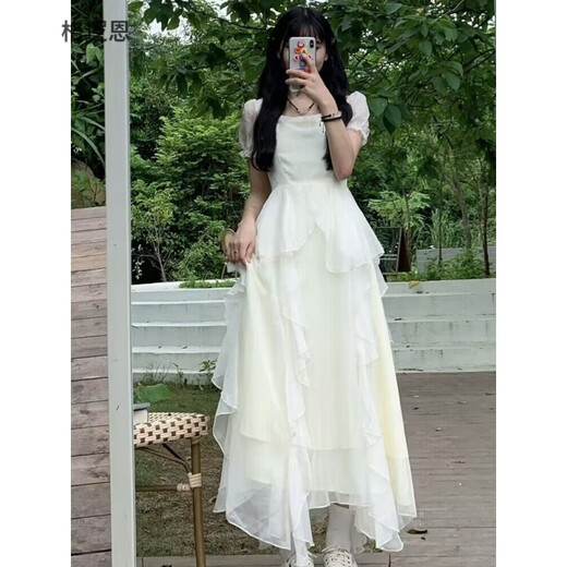 Gloren French dress for women in summer 2023 new chiffon skirt for summer square collar sweet and gentle style fairy princess dress white one size (remarkable number)