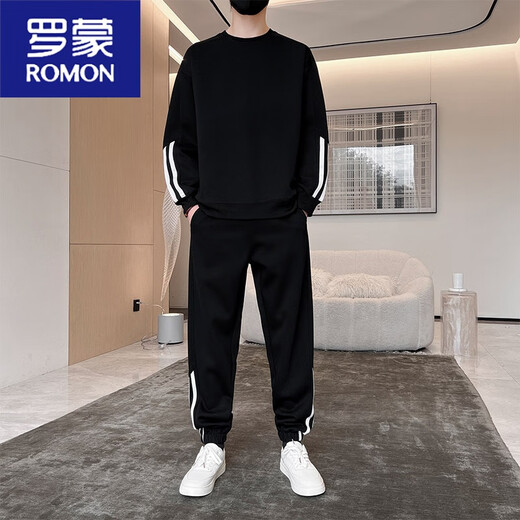 罗蒙（ROMON）休闲运动服套装男士春秋季2024新款长袖男装搭配帅气一套男款卫衣 9230白灰 S