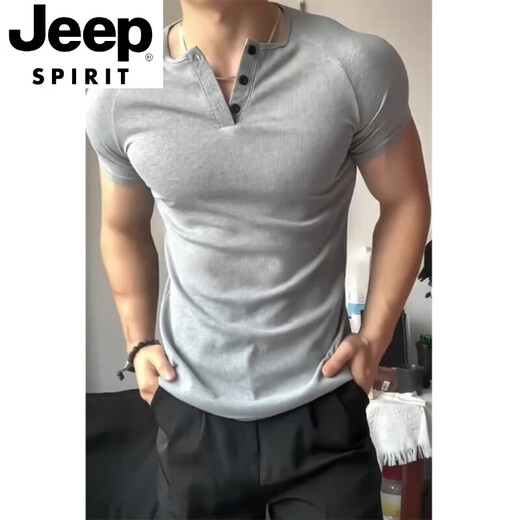 JEEP SPIRIT Floral Gray Slim Waist Henley Short Sleeve Men's Summer American Heavy Muscle Showing T-Shirt Fitness Basement Shirt Light Gray Upgraded Model 90% Buyers Choose M Suitable for 100-120 Jin Jin equals 0.5 kg