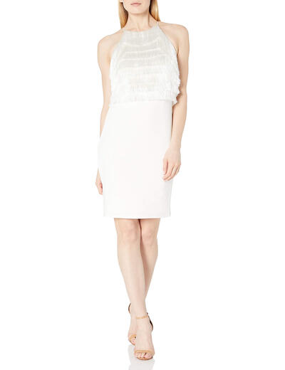 Halston Women's Knee Length Fringe Dress Knitted Adult Party Elegant Business Chalk 2