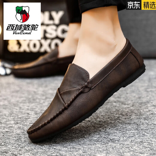 Western Camel (VANCAMEL) Men's Bean Dog Shoes Korean Business Work Casual Leather Shoes Breathable and Versatile Anti-Slip One-Pin Men's Shoes 2025 Summer D826 Black 43 Small
