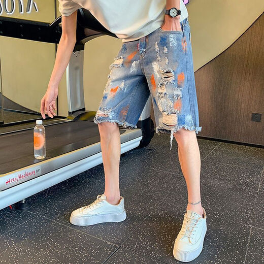 Fan Benna Jeans Shorts Hombres Pantalones cortos de mezclilla de mezclilla desgarrada Men Summer Fina Marca de moda Handsome Beggar rayó a cinco T693 azul de alta calidad 28 recomendado 90-100Jin [Jin equivale a 0.5 kg]