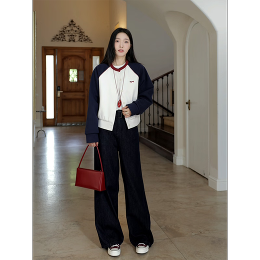 郭九九呢 复古撞色绣花插肩袖棉服毛呢外套弯刀牛仔裤 G924T17152 外套-藏青拼咖 XL