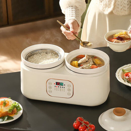 Blue Dad uncoated ceramic double-gallon electric stew pot, multi-functional fully automatic stew pot, baby food pot, porridge and porridge artifact, household electric stew pot, electric casserole health pot, double-gall bladder electric stew pot with steamed rice drain basket