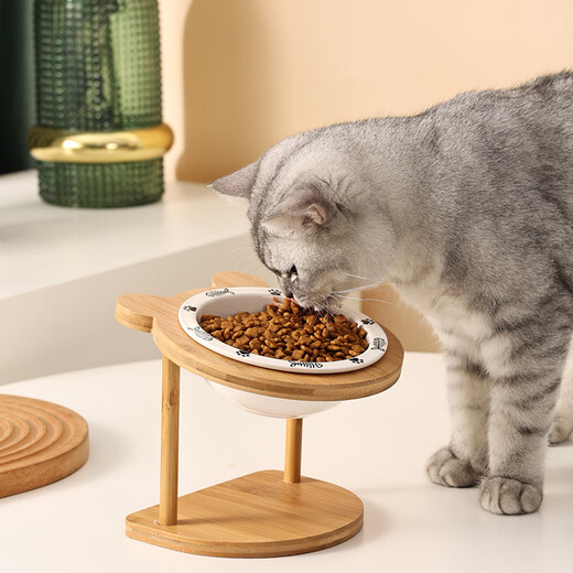 CLCEY ceramic cat bowl shelf protects cervical spine, prevents black chin, small dog, non-slip, anti-knockover, Teddy height-adjustable dog bowl, small fish bowl + single bowl shelf