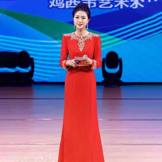 Yimimei high-end annual meeting female host dress host evening dress female 2024 new high-end heavy industry red annual meeting banquet XS