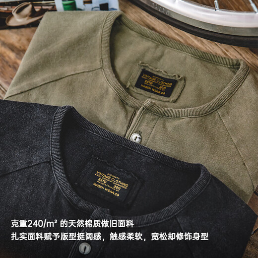 马登工装 美式做旧亨利衫纯棉透气休闲短袖阿美咔叽硬汉t恤男潮夏季 黑色 M