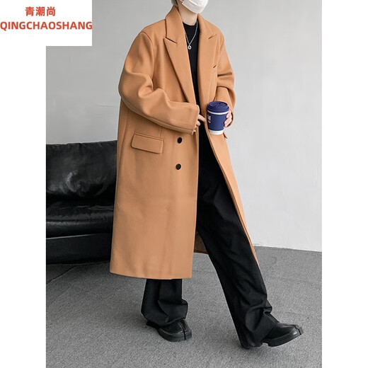 Qingchao Shang 8XL Extra Large Size Windbreaker Men's Spring and Autumn Korean Style Loose Long Woolen Coat Men's Fashion 300Jin Jin is equal to 0.5kg Youth Jacket Black and Cotton 8XL Recommended 265-290Jin Jin is equal to 0.5kg