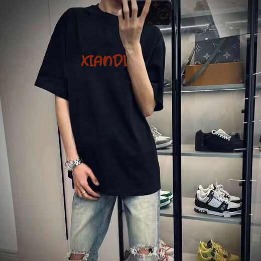 Katuqi heavy pure cotton European and American retro short-sleeved T-shirt men's summer loose trend five-point half-sleeved high street clothes T-shirt black L [recommended 100-120 Jin [Jin equals 0.5 kg]]