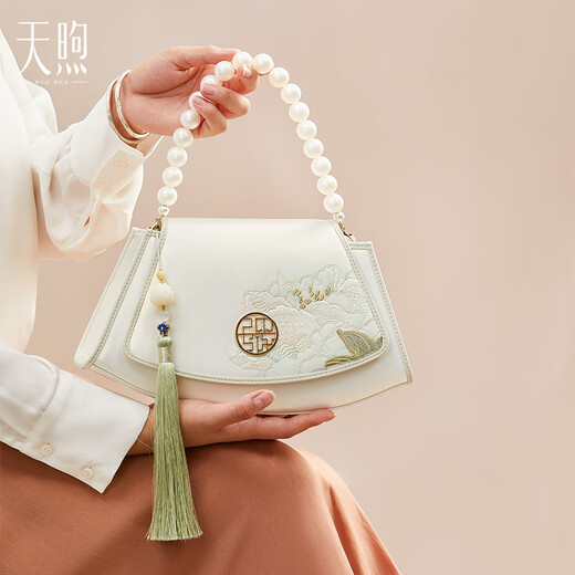 天煦母亲节礼物中国风女包2025大气刺绣手提旗袍包时尚百搭单肩斜挎包 珠光白
