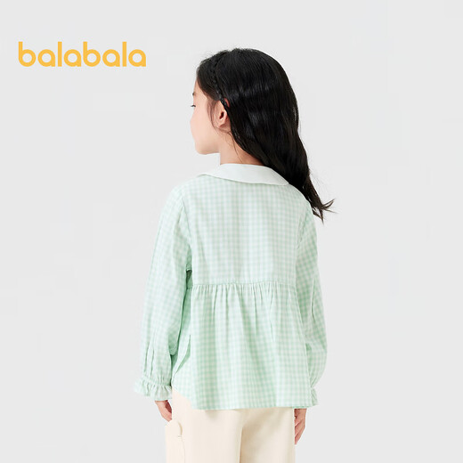 Balabala Balaba children's clothing children's long-sleeved shirt girls autumn clothing sweet and cute literary plaid top children's lapel white and green tone 00414 120