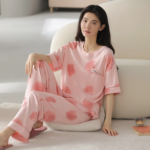 红豆官网织睡衣女夏季纯棉短袖长裤薄款全棉夏天女士家居服套装春秋季 YZT9715 短袖长裤 L 100-120斤
