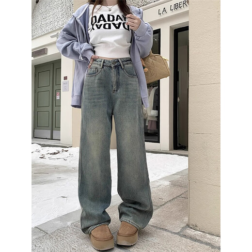Cotton American Velvet verdickte Retro-Slim-Jeans für Frauen im Herbst und Winter lose hohe Taille, die gerade gelegentlich gelegentlich für Frauen 683-1 Retro Blau [hohe Qualität plus Samt 36,5] 2xL 130-140jin [Jin gleich 0,5 kg]