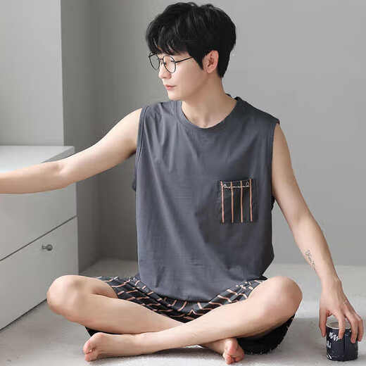 浪莎莫代尔睡衣男背心夏季薄款青年大码休闲家居服可外穿2件短裤套装 12027 2XL 建议140-160斤