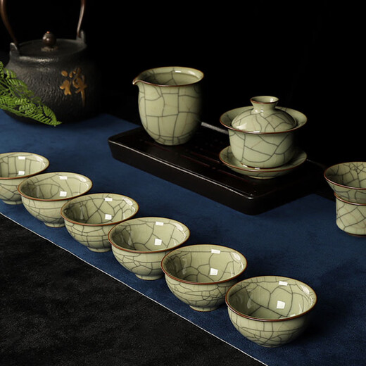 ROYHOYE Wangwu celadon complete set of exquisite hand-me-down Ge kiln kung fu small teacup tea set gift box set ceramic ice crack covered bowl Hand-me-down Ge kiln 10 pieces