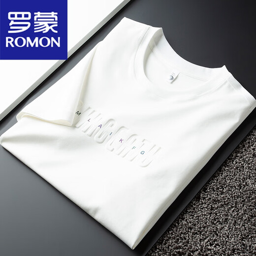 Romon (Romon) Europäische Station Sommer Dünn Ice Mercerated Cotton White T-Shirt Herren Kurzärärmelte schlanker rundes Hals High-End-Eispop für Männer Weiß 2xl Empfehlung [140-155jin [Jin entspricht 0,5 kg]]