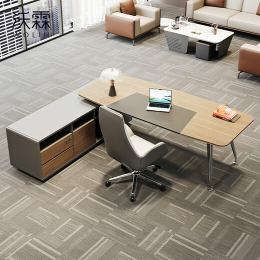 Wolin boss desk light luxury desk modern high-end manager desk president office supervisor desk and chair combination E0 plate A type 2.2 meters desk-left cabinet-eucalyptus color