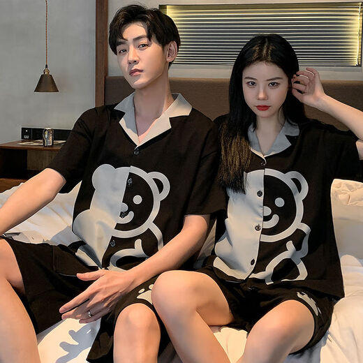 Clolv kissCK couple light luxury pajamas summer ice silk short-sleeved thin cute simulated silk men and women summer home wear set H05 couple one man and one woman female L + male XL