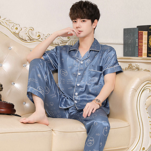 Antarctic ice silk men pajamas men summer short-sleeved trousers imitation silk cardigan lapel loose home clothes light blue 2XL