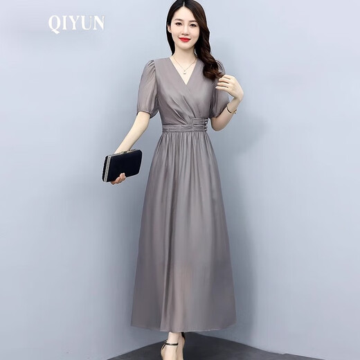 QIYUN品牌女装 新款天丝连衣裙女2024年新款夏季品牌高端欧货气质长裙 紫粉色 XL 【建议115-124斤】