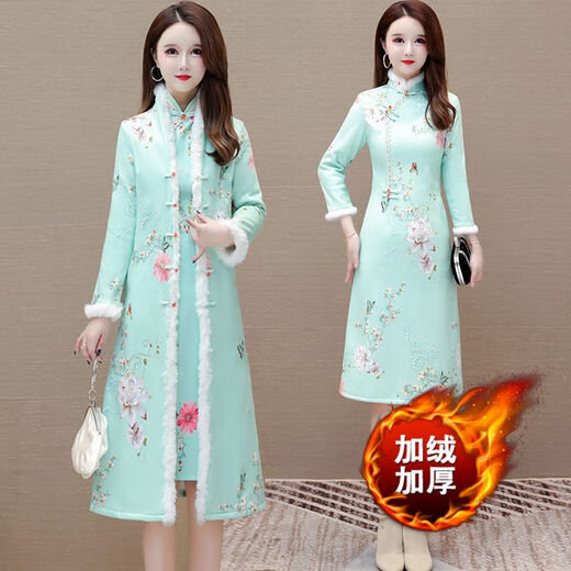 NUKM new Chinese style improved cheongsam plus velvet thickened long cotton coat for women winter new style Chinese style suit skirt 781 champagne two-piece set non-velvet cheongsam + jacket 2XL recommended 115-130Jin Jin equals 0.5 kg