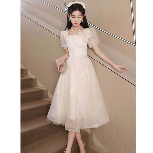 Seidler champagne color evening dress for women 2025 new light luxury high-end banquet princess graduation gift bridesmaids can usually wear light champagne M
