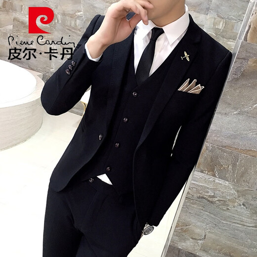 Pierre Cardin suit men's three-piece casual black suit, slim fit, Korean style formal groom, handsome wedding dress, trendy black suit + vest + trousers L 110-120Jin Jin equals 0.5 kg