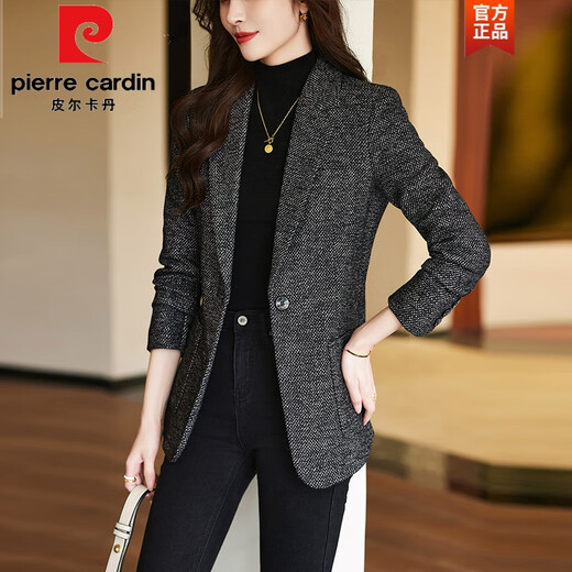 Pierre Cardin Wool Suit Jacket Women's Winter Thickened 2025 New Autumn and Winter High-Quality Temperament Casual Women's Woolen Suit Black Suit XL