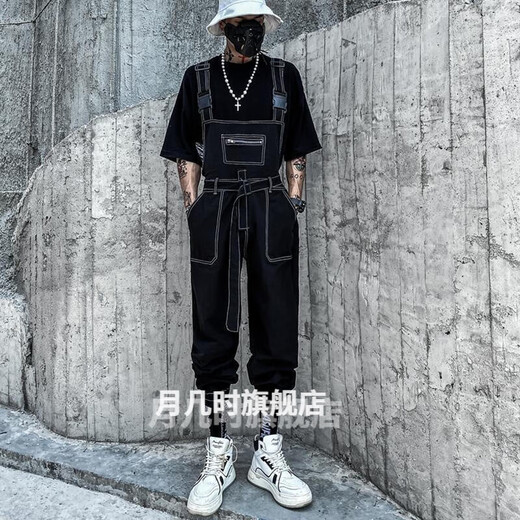 歌鹏背带裤男宽松机能风背带裤男士工作服男束脚套装九分裤子 M 黑色
