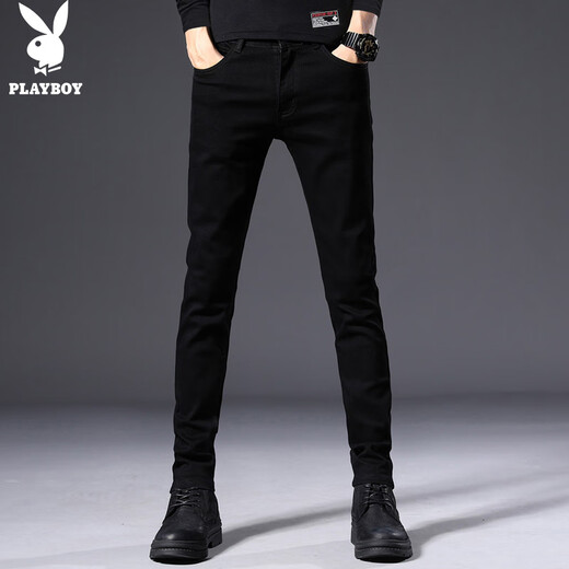 花花公子（PLAYBOY）牛仔裤男裤子男秋冬季男士休闲裤修身潮流弹力小脚裤 黑色 32