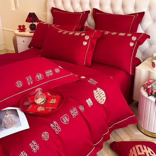 Antarctic people's wedding bedding four-piece set wedding quilt core + four-piece set + pillow core wedding room set full set 8 romantic accompanying [Wedding Set] 1.5m bed seven-piece set [2.0m/4Jin [Jin equals 0.5 kg] soy quilt]