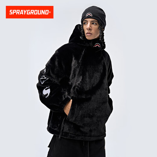 SPRAYGROUND2025 winter full-print shark mouth thickened fur coat for men and women double zipper hooded cotton coat light gray L