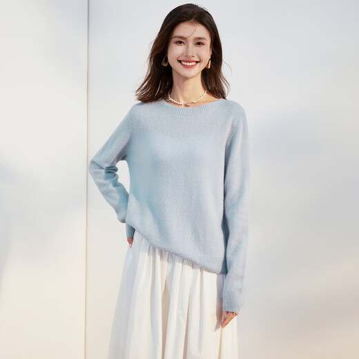 Jinju Sheep Wool 100% Seamless Ready-to-Wear 2026 New Year Red Round Neck Autumn and Winter Warm Bottoming Sweater Women's Wool Sweater Sky Blue L (165/88A)