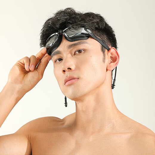 Shimeijia swimming goggles, professional anti-fog, wide-angle high-definition, fashionable electroplating, unisex, one-piece earplug swimming goggles, black and transparent