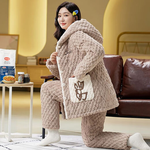 GTYUWVG湖南省省服女冬天珊瑚绒加厚加绒三层夹棉袄法兰绒秋冬季大码家居 hl6636蓝色-中长.款 M  推荐80-100斤