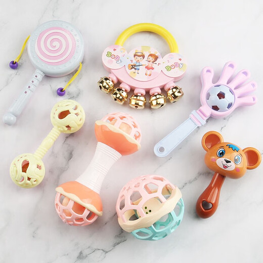 Handrasselspielzeug Baby 0 bis 3 Monate Rassel 6 Neugeborenes Baby Sandhammer Greiftraining 2 Jahre alte Handrassel Katzenrassel 7-teiliges Set Zuckerfingerhände doppeltes längliches Katzengesicht