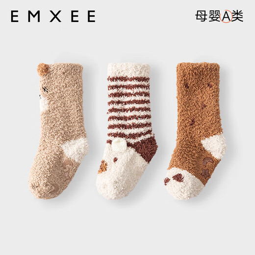 EMXEE Children's Spring and Autumn Half Velvet Floor Socks for Boys and Girls, Baby Autumn and Winter Cute Anti-Slip Cooling Socks Striped Bear + Little Brown Bear + Bear Claw 3 pairs 1-3 years old