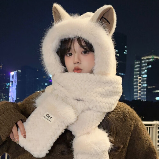 Zeng Chu Zeng Chu Fuchs Ohrhöhe Plüschhutschal integrierter Frauen Herbst und Winter 2023 neue niedliche Handschuhe warme dreiteilige beige Eingröße (Velvet hinzugefügt und verdickt)