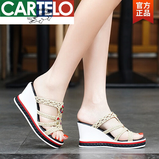 
CARTELO new summer genuine leather Roman style slippers for women's non-slip thick-soled high-heeled wedge sandals for women apricot color 38
