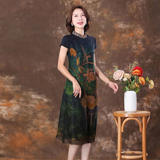 RGPX夏季新中式旗袍连衣裙女中老年妈妈装50-60-70岁洋气宽松遮肚子 绿色9761 均码 XL115-125斤