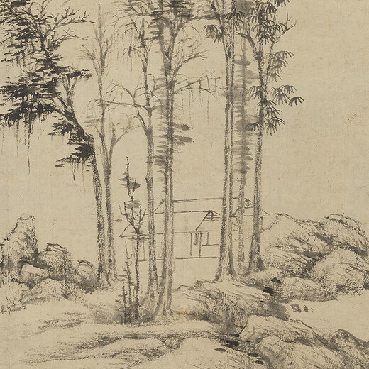 元倪瓒江干秋树图古代山水画卷轴文人复仿古画挂画 元倪瓒渔庄秋霁图12129 50X100厘米（喷绘画心尺寸） 花