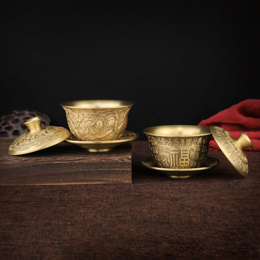 Shangjiabang brass tea cup, copper tea bowl, pure dragon and phoenix covered bowl tea set, Chinese style handicraft ornaments, tea ceremony three-piece set, living room, Wuniu tea can 655g single