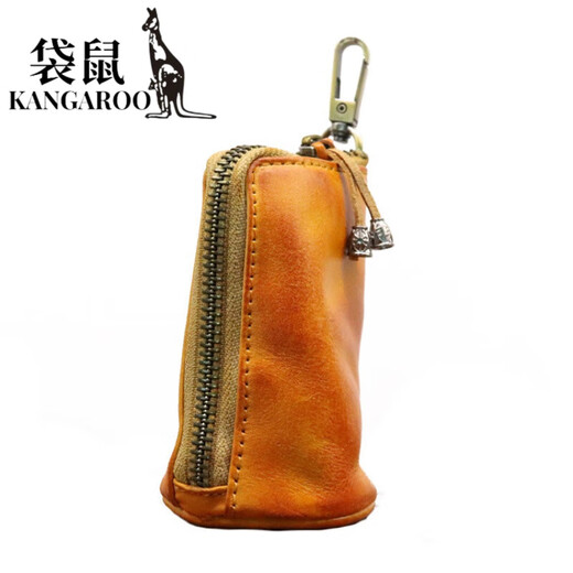 袋鼠（KANGAROO）新款头层牛皮植鞣皮复古做旧钥匙包男士大容量腰挂做旧牛皮钥匙包 咖色