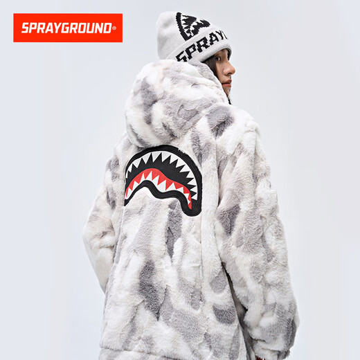 SPRAYGROUND2025 winter full-print shark mouth thickened fur coat for men and women double zipper hooded cotton coat light gray L