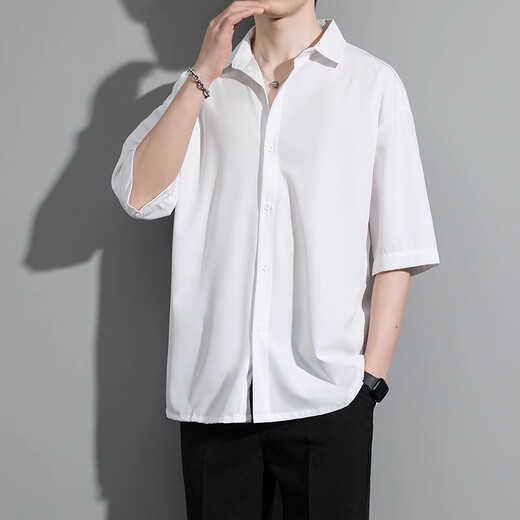 真维斯冰丝短袖衬衫男夏季薄款2025新款日系痞帅上衣宽松休闲衬衣 白色 L