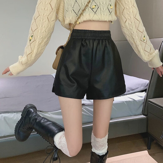 Miao Yijia Shorts Women's Autumn and Winter Black Leather Shorts Paired with Boots to Make Legs Longer High Waist Tight Hot Pants Hot Pants for Slimming Elastic Waist Leather Shorts M