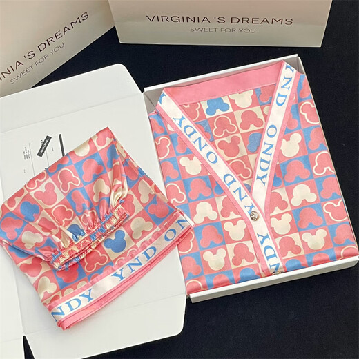 Mobeihai summer pajamas for women ice silk cute printed shorts shorts casual cardigan bestie can wear home clothes set YFY-9902# pink letter M Recommended 80-100Jin [Jin equals 0.5 kg]